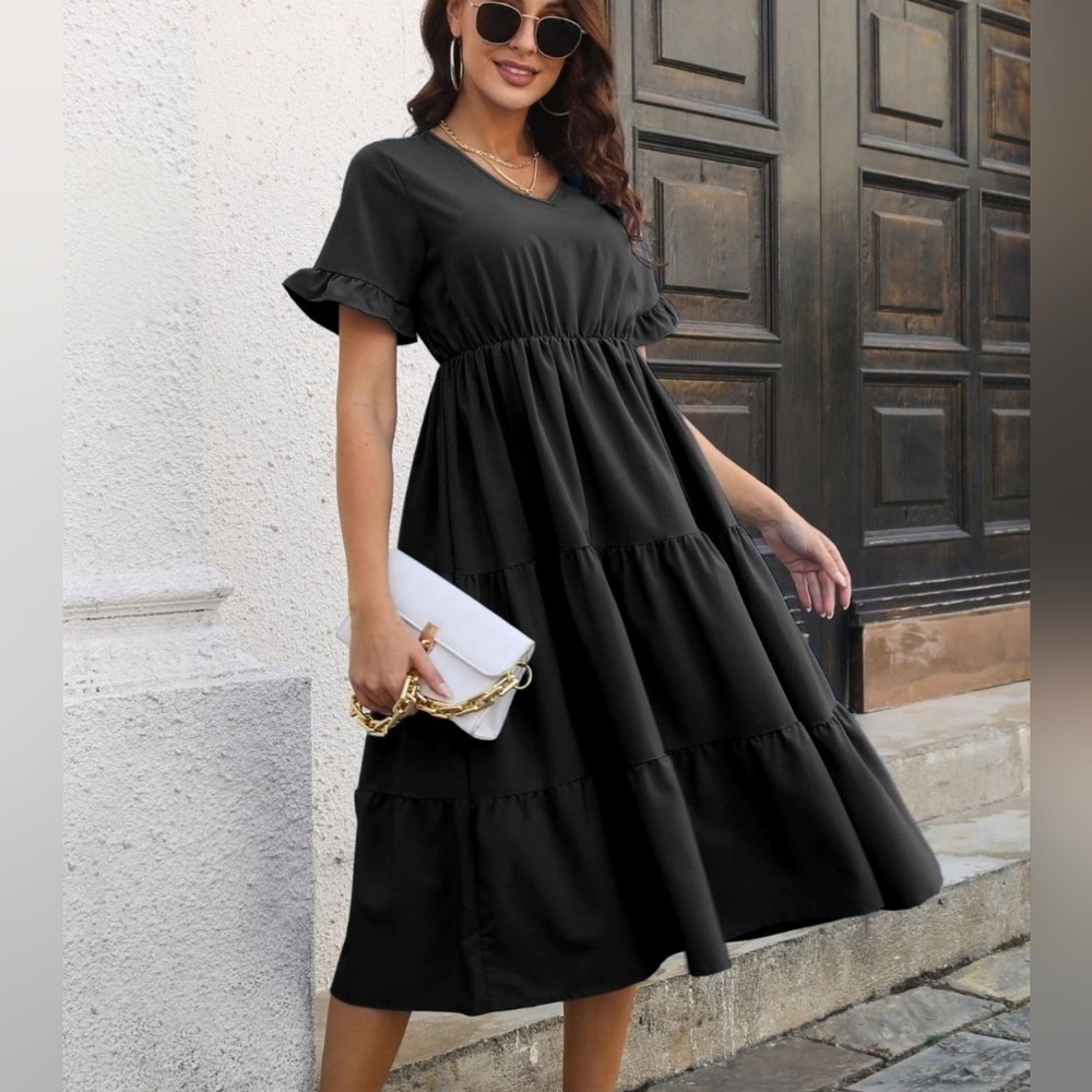 Black Ruffle Sleeve Midi Dress - Picture 8 of 9